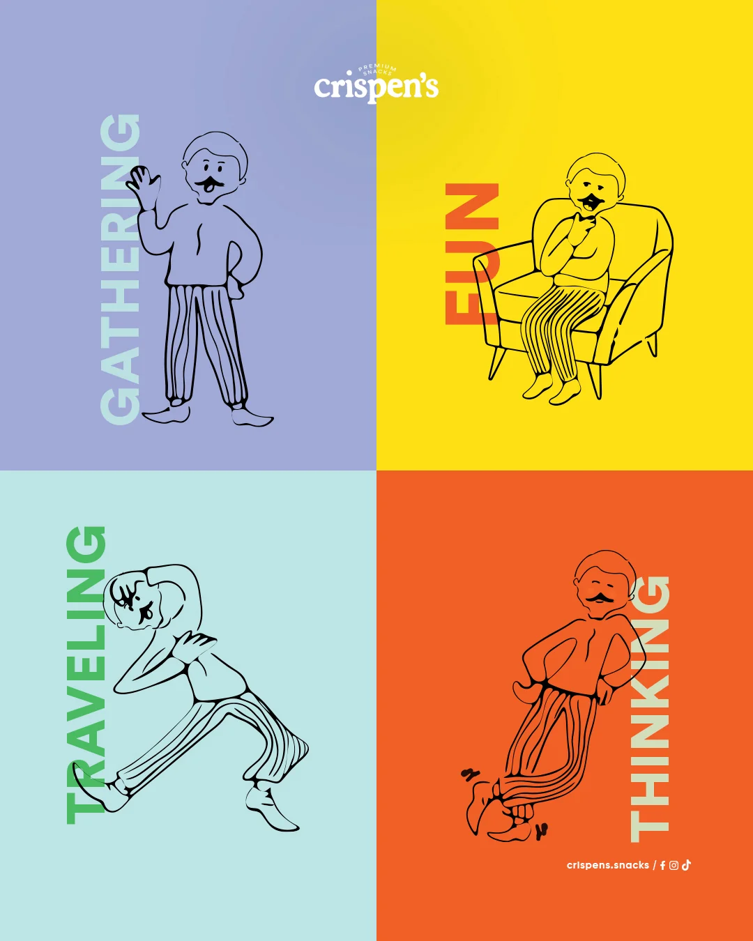 Crispen’s social media design featuring the brand mascot in four lifestyle scenes