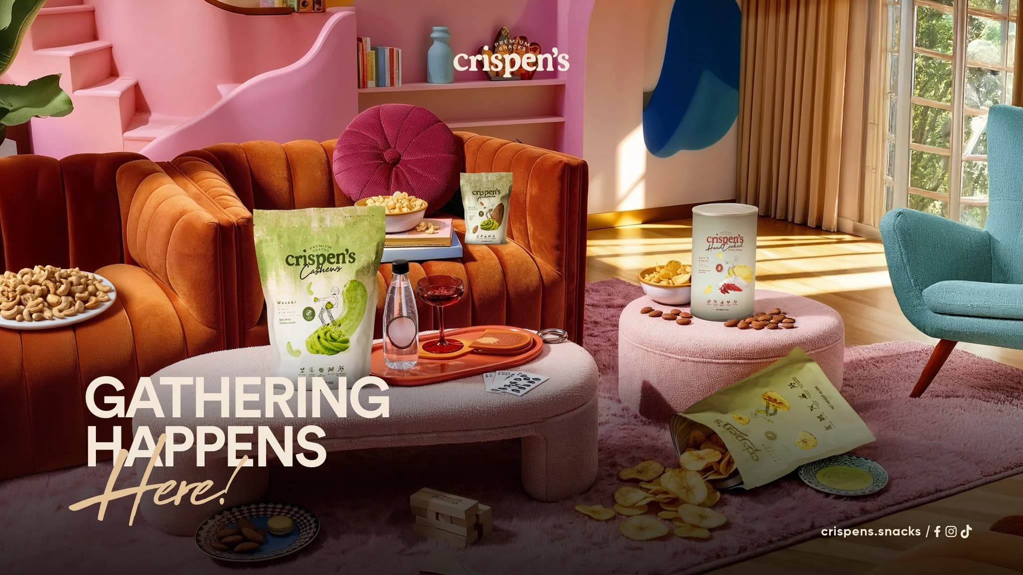 Crispen’s premium snacks campaign featuring assorted nuts and dried fruit in a colorful living room