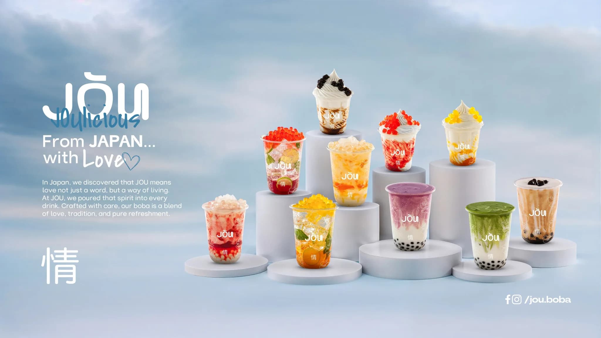 JŌU bubble tea key visual: nine fruit and milk tea cups arranged on white podiums against a soft blue sky