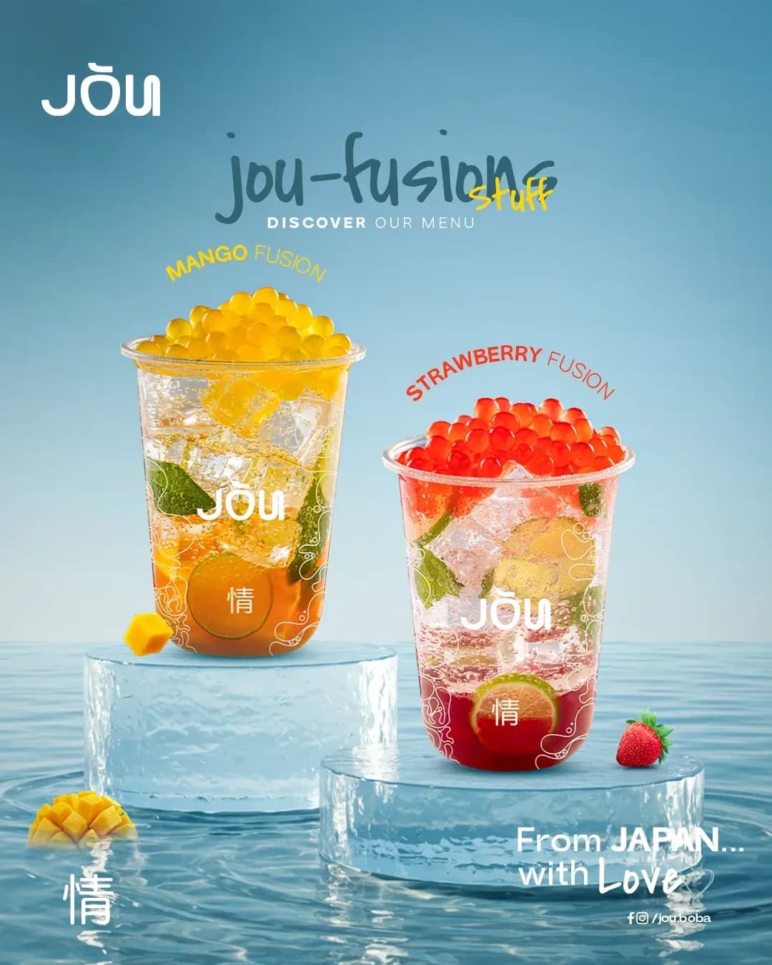 JŌU fusions layout: mango and strawberry fusion cups topped with popping boba on ice podiums above water