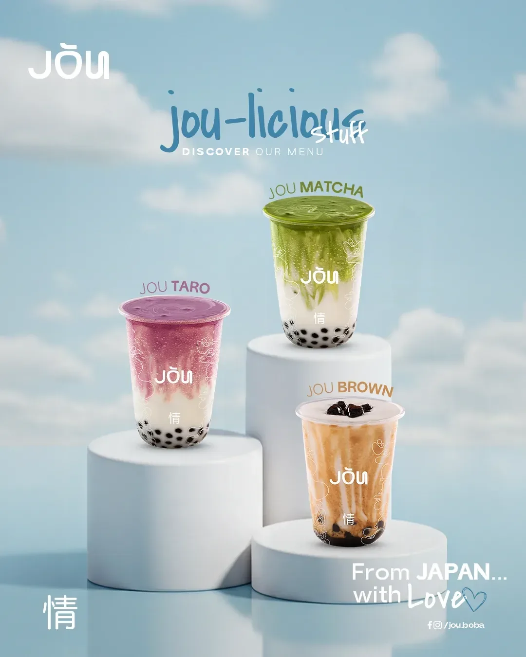 JŌU milk tea layout: taro, matcha and brown sugar cups with tapioca pearls on white podiums against clouds