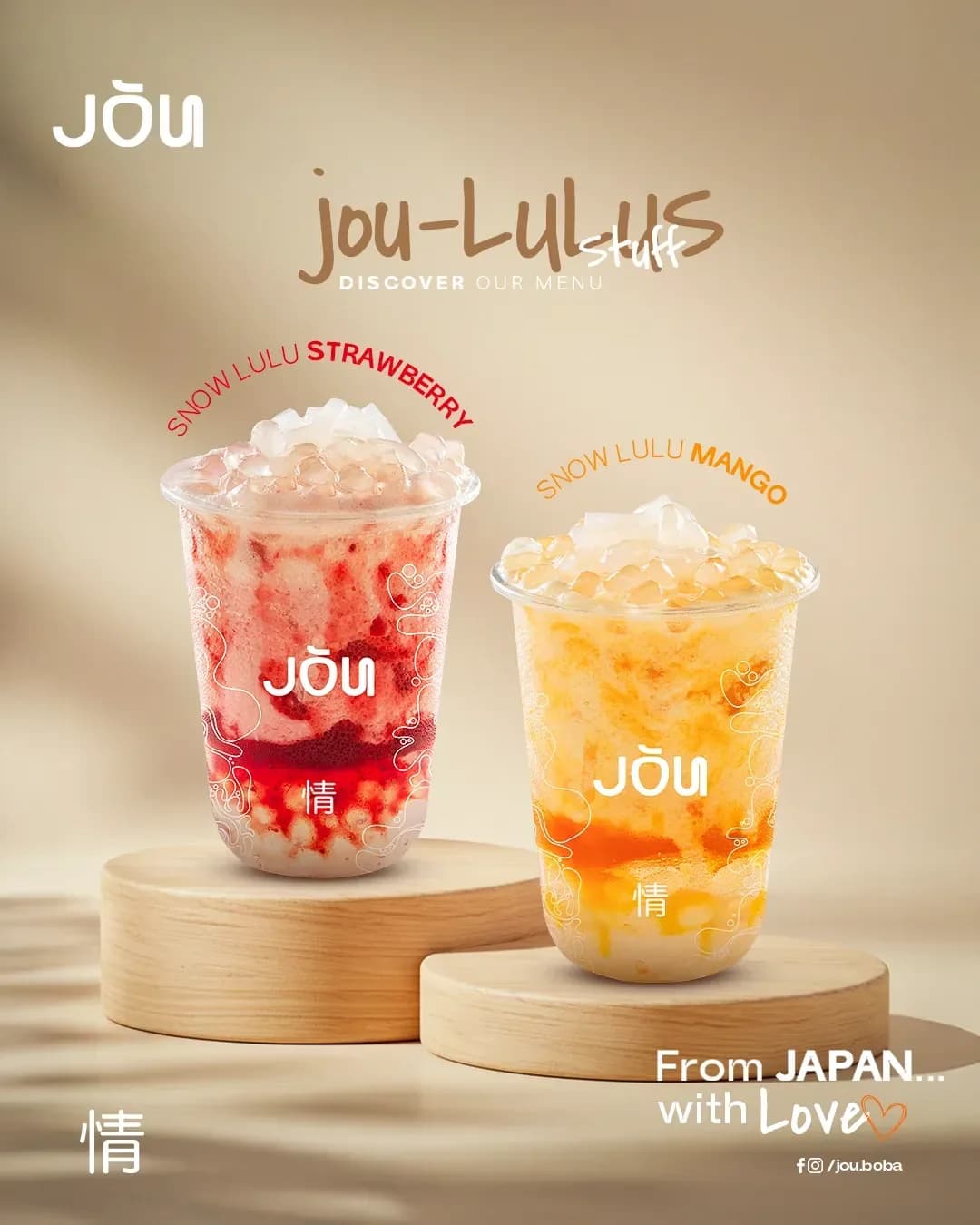 JŌU snow lulu layout: strawberry and mango slush cups on wooden podiums against a warm beige backdrop