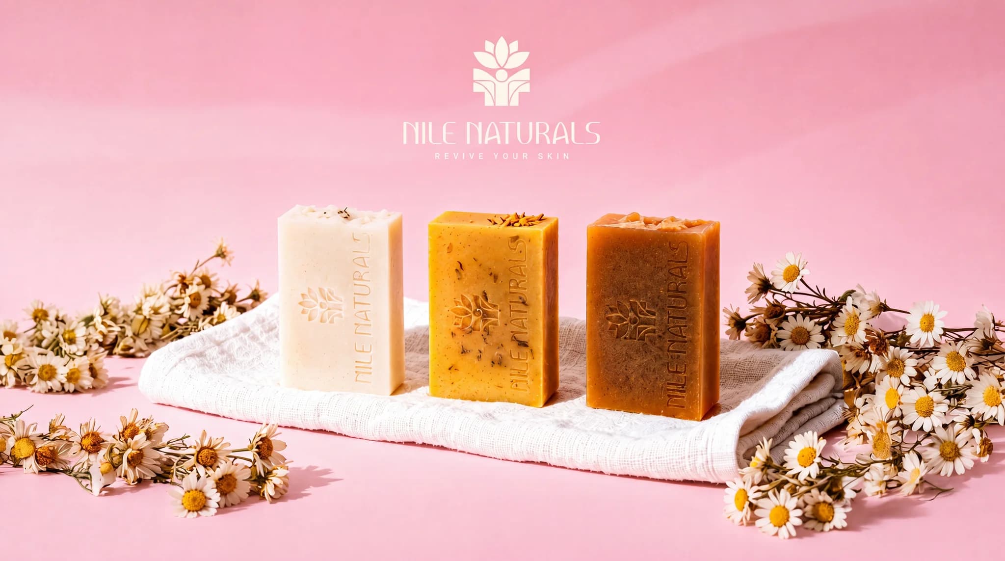 Nile Naturals key visual: three handmade soap bars on a folded towel surrounded by chamomile, on a pink backdrop