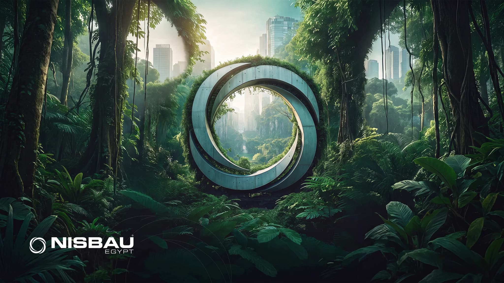NISBAU Egypt brand visual featuring a circular structure in a futuristic jungle landscape