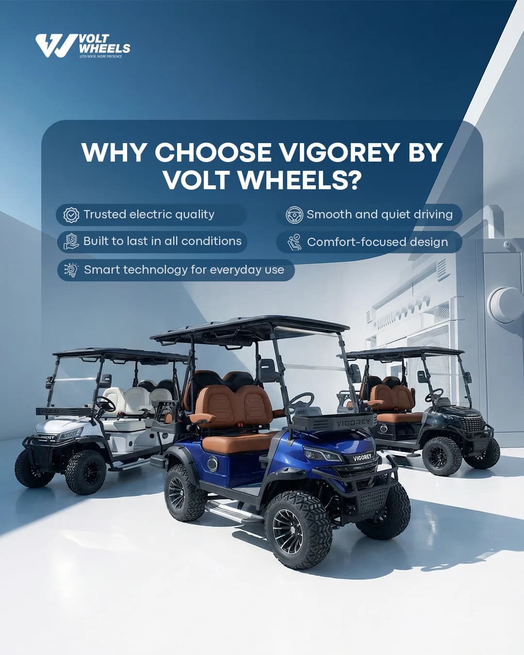 Volt Wheels post headlined "Why Choose Vigorey by Volt Wheels?", showing three Vigorey golf carts in white, blue and black in a showroom