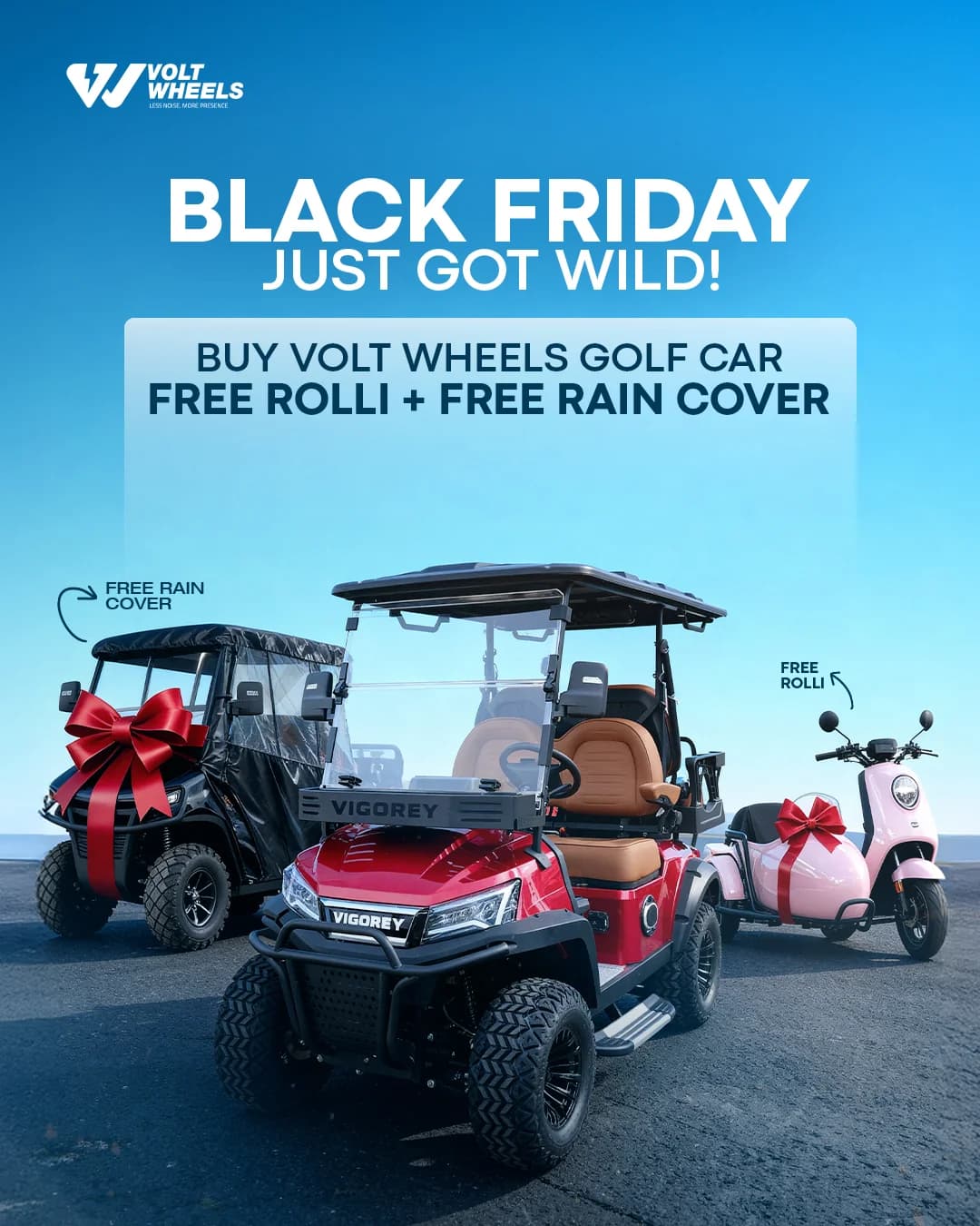 Volt Wheels Black Friday offer: a red Vigorey golf cart between a rain-covered cart and a pink scooter, both tied with red gift ribbons