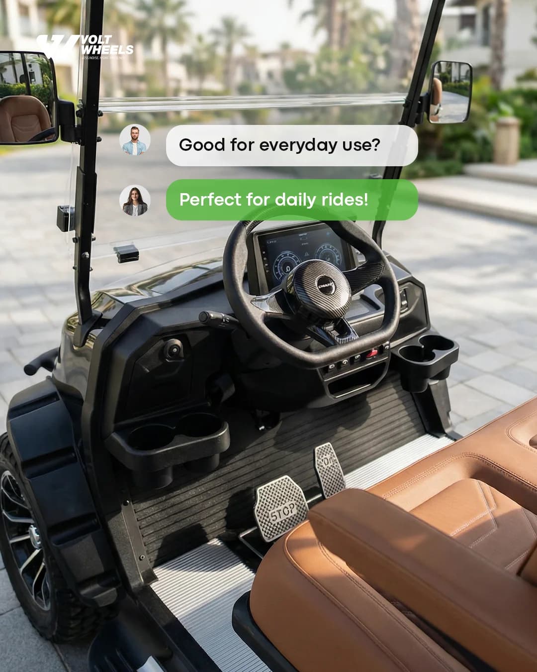 Volt Wheels post styled as a chat: the interior of a Vigorey golf cart with a steering wheel, digital display and tan leather seats