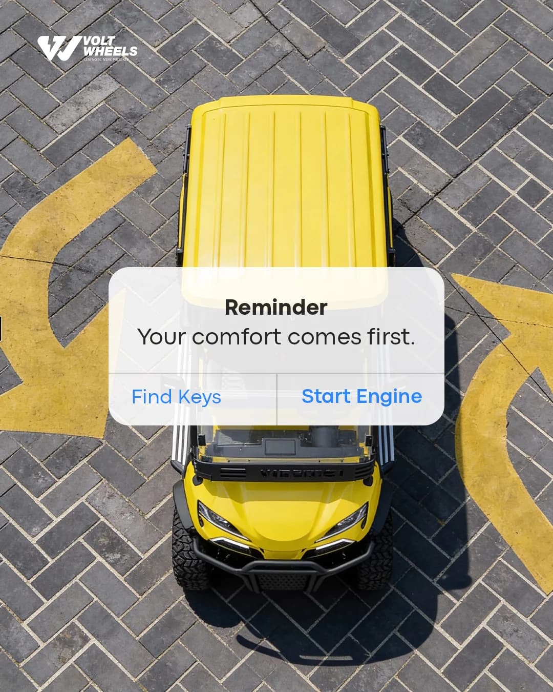 Volt Wheels post styled as a phone reminder reading "Your comfort comes first", over a top-down view of a yellow golf cart on paving