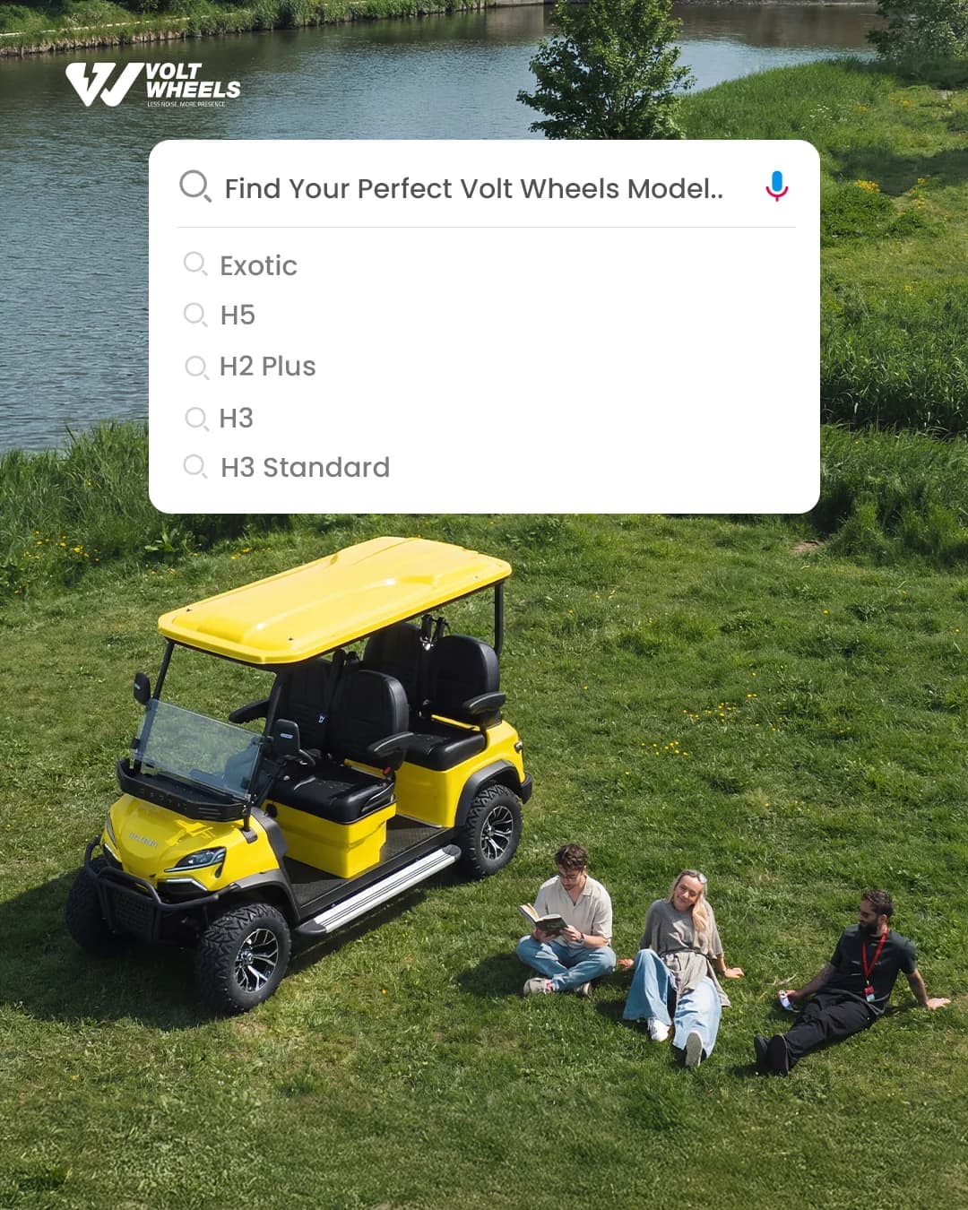Volt Wheels model finder post: a yellow golf cart parked by a river as three friends relax on the grass, with a search bar listing the range