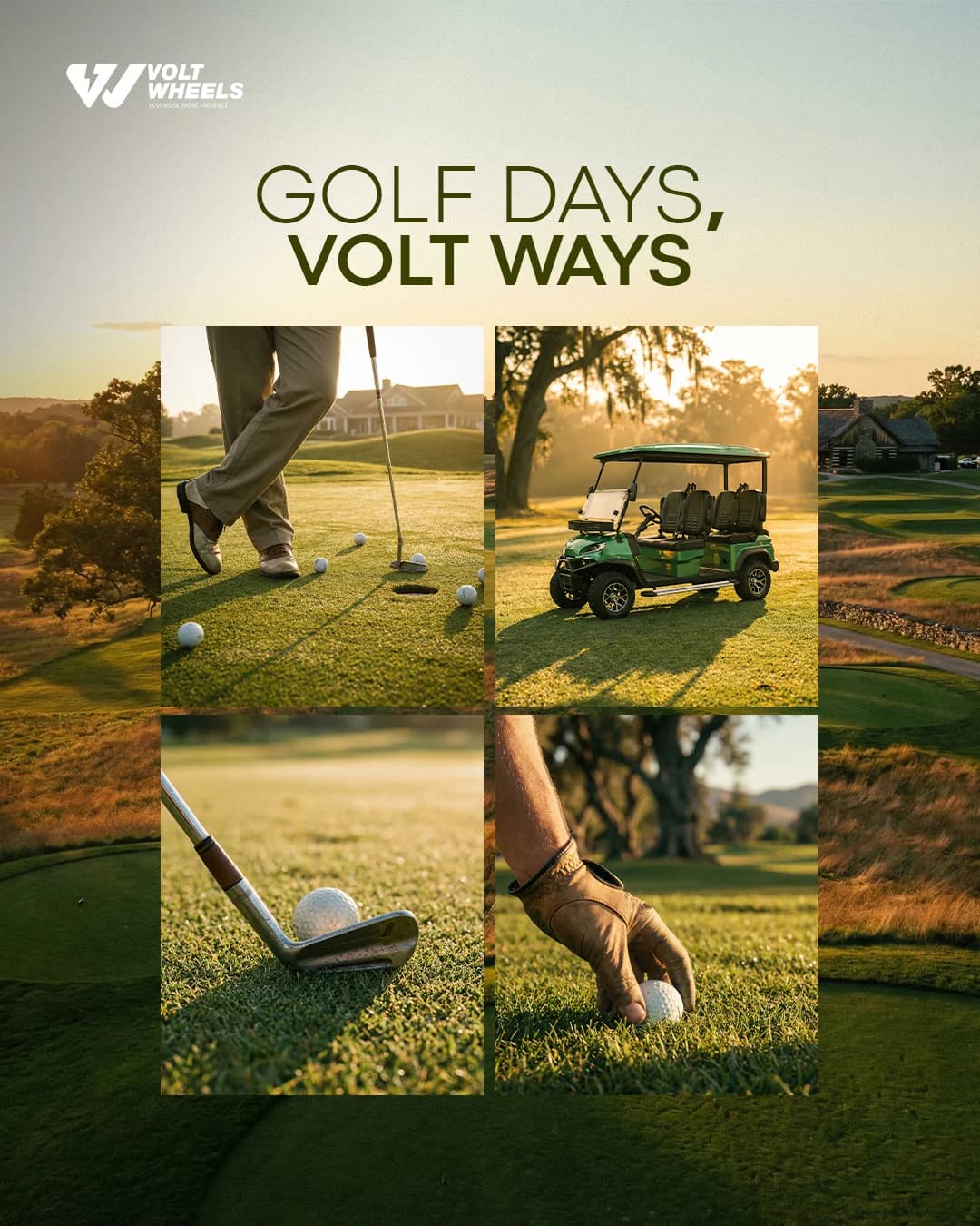 Volt Wheels post headlined "Golf Days, Volt Ways", with a four-image grid of a golf course at sunset and a green cart on the fairway