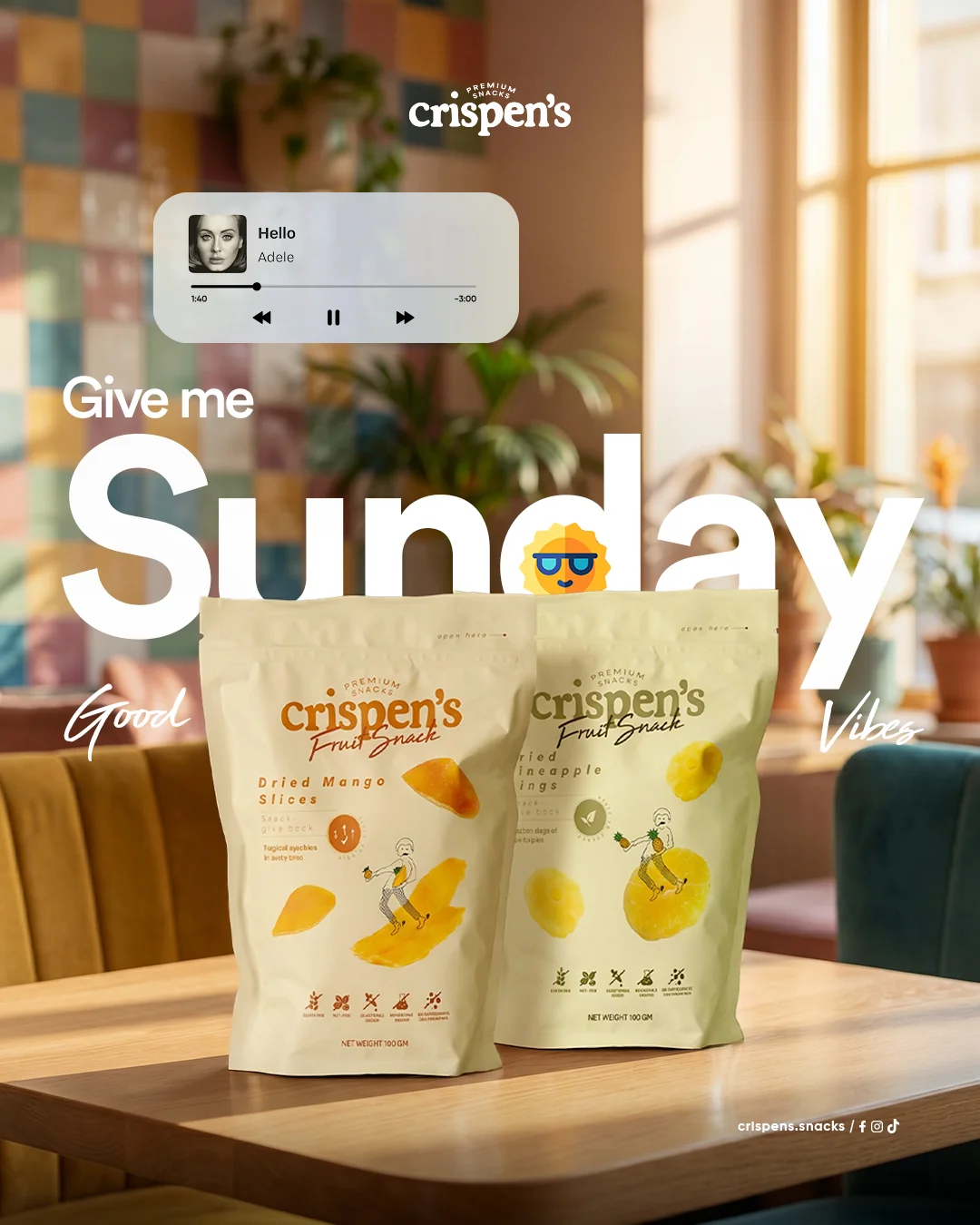 Crispen’s dried mango and pineapple snacks featured in a colorful lifestyle campaign