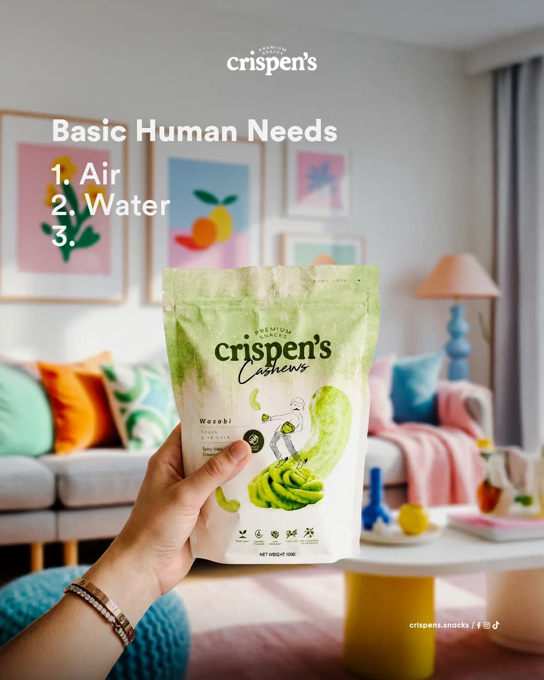 Crispen’s premium wasabi cashews held in a colorful living room