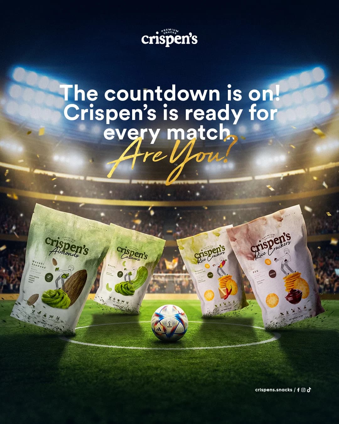 Crispen’s snack products displayed on a football field during a stadium campaign