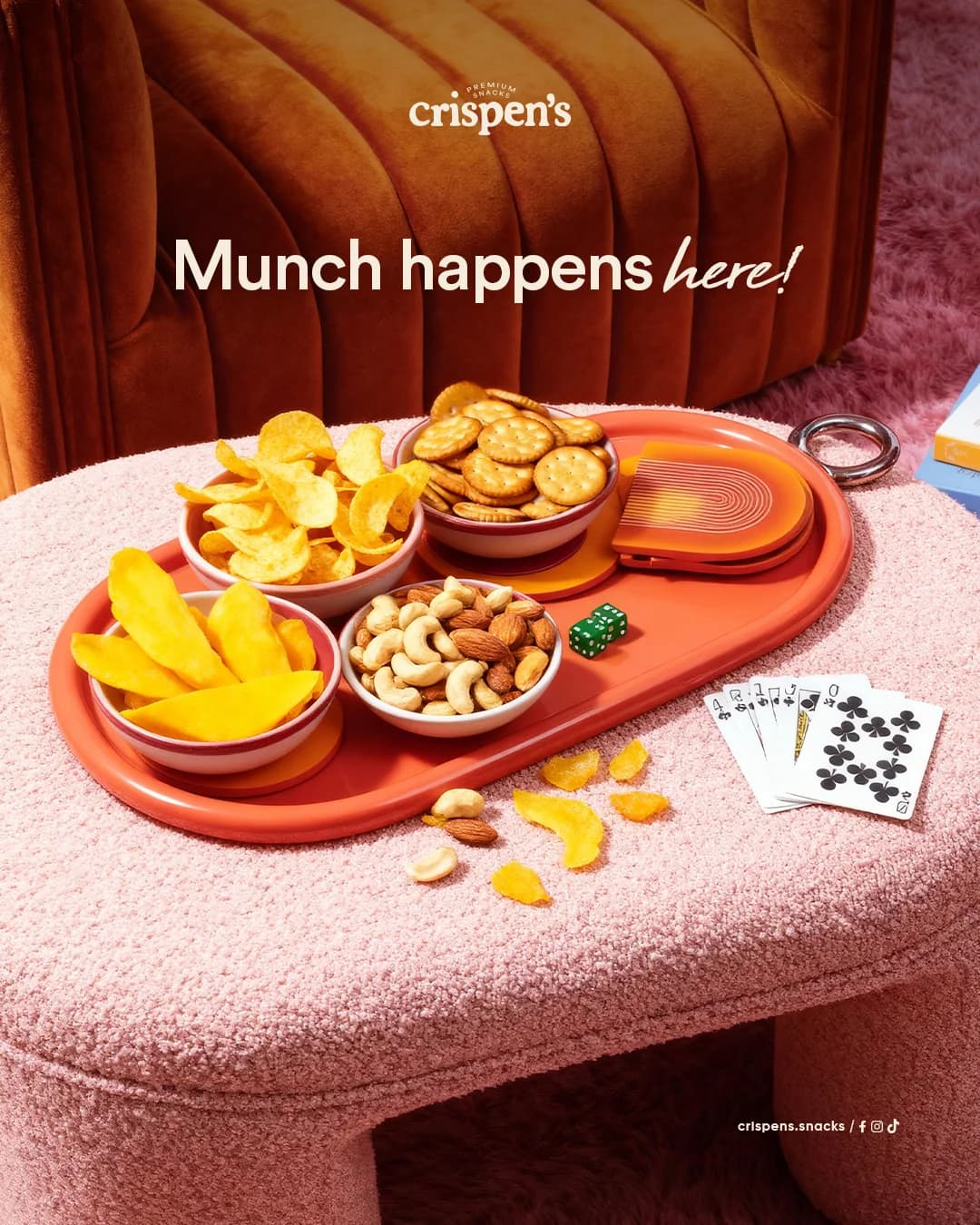 Crispen’s premium snack campaign featuring assorted snacks on a colorful serving tray