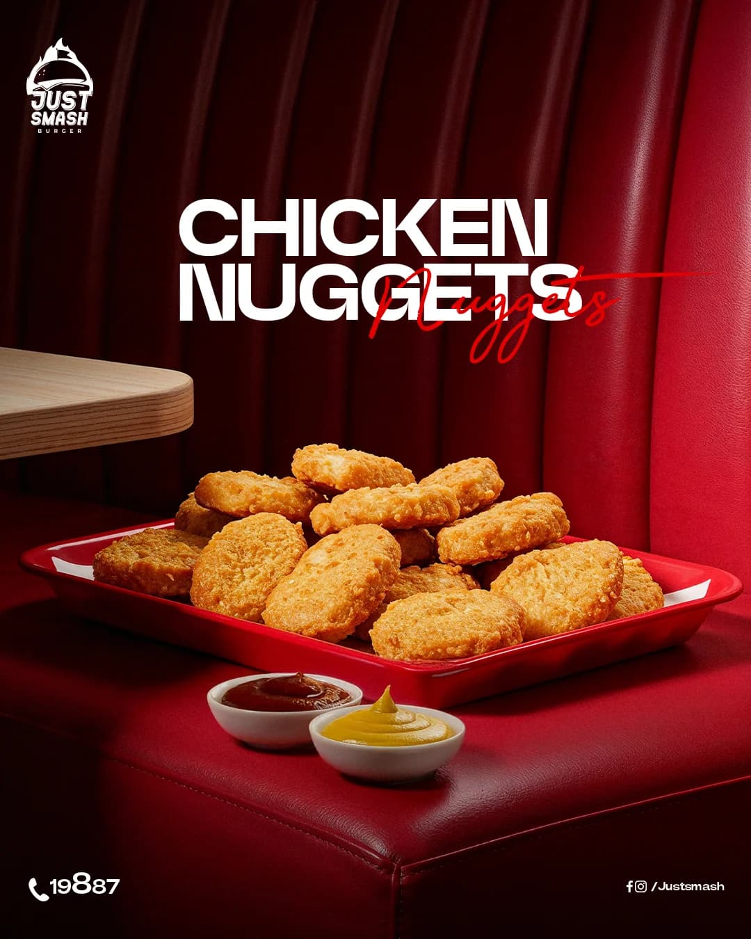 Just Smash Burger chicken nuggets post: a red tray of nuggets with ketchup and mustard dips on a red leather diner booth