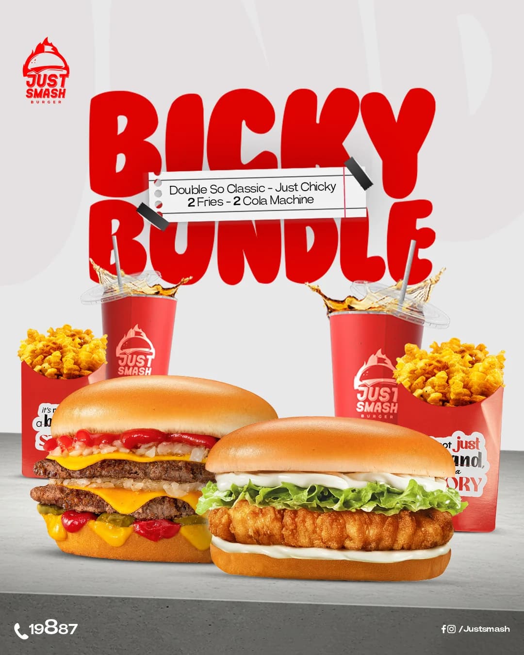 Just Smash Burger "Bicky Bundle" post: a double cheeseburger and a crispy chicken sandwich with two fries and two colas on a grey backdrop