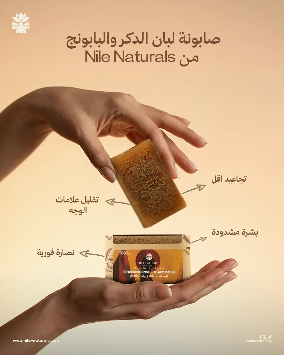 Nile Naturals layout: hands holding a frankincense and chamomile soap bar and its box, with Arabic benefit callouts