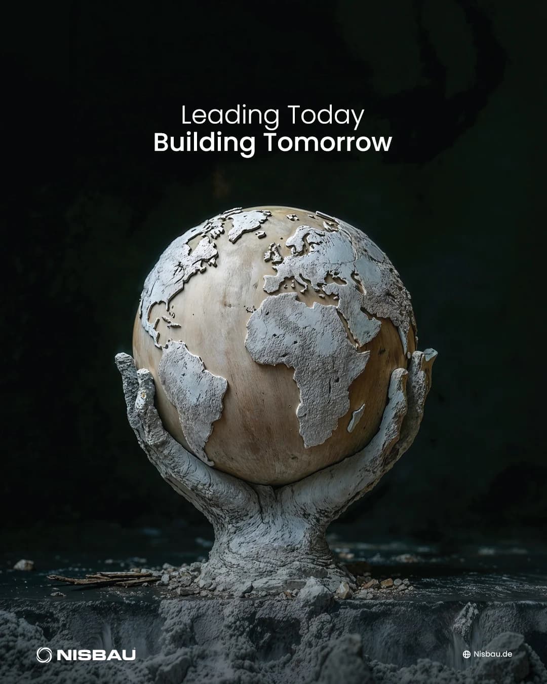 NISBAU campaign visual featuring a sculpted globe held by concrete hands