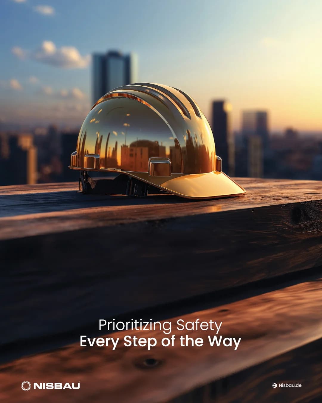NISBAU safety campaign featuring a golden construction helmet at sunset