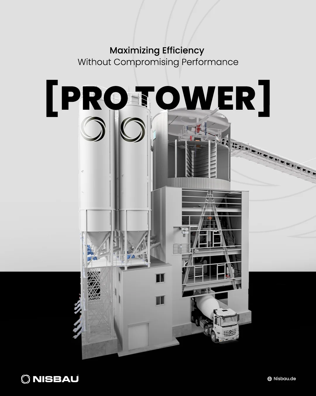 NISBAU Pro Tower campaign design featuring a concrete production plant