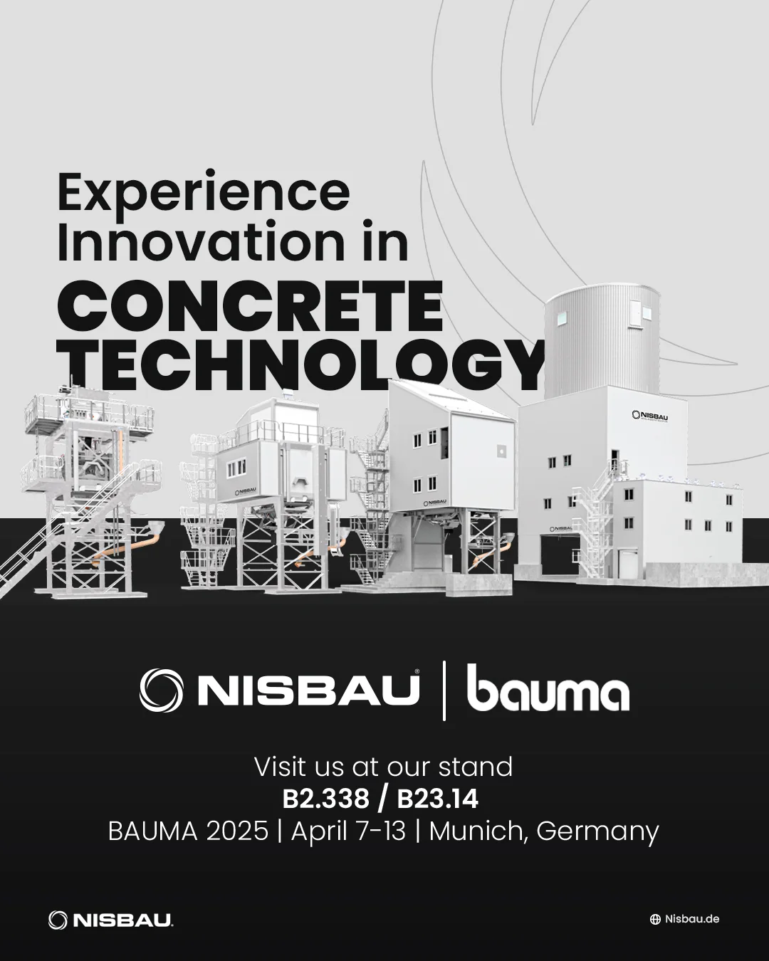NISBAU and bauma 2025 exhibition poster featuring concrete production plants